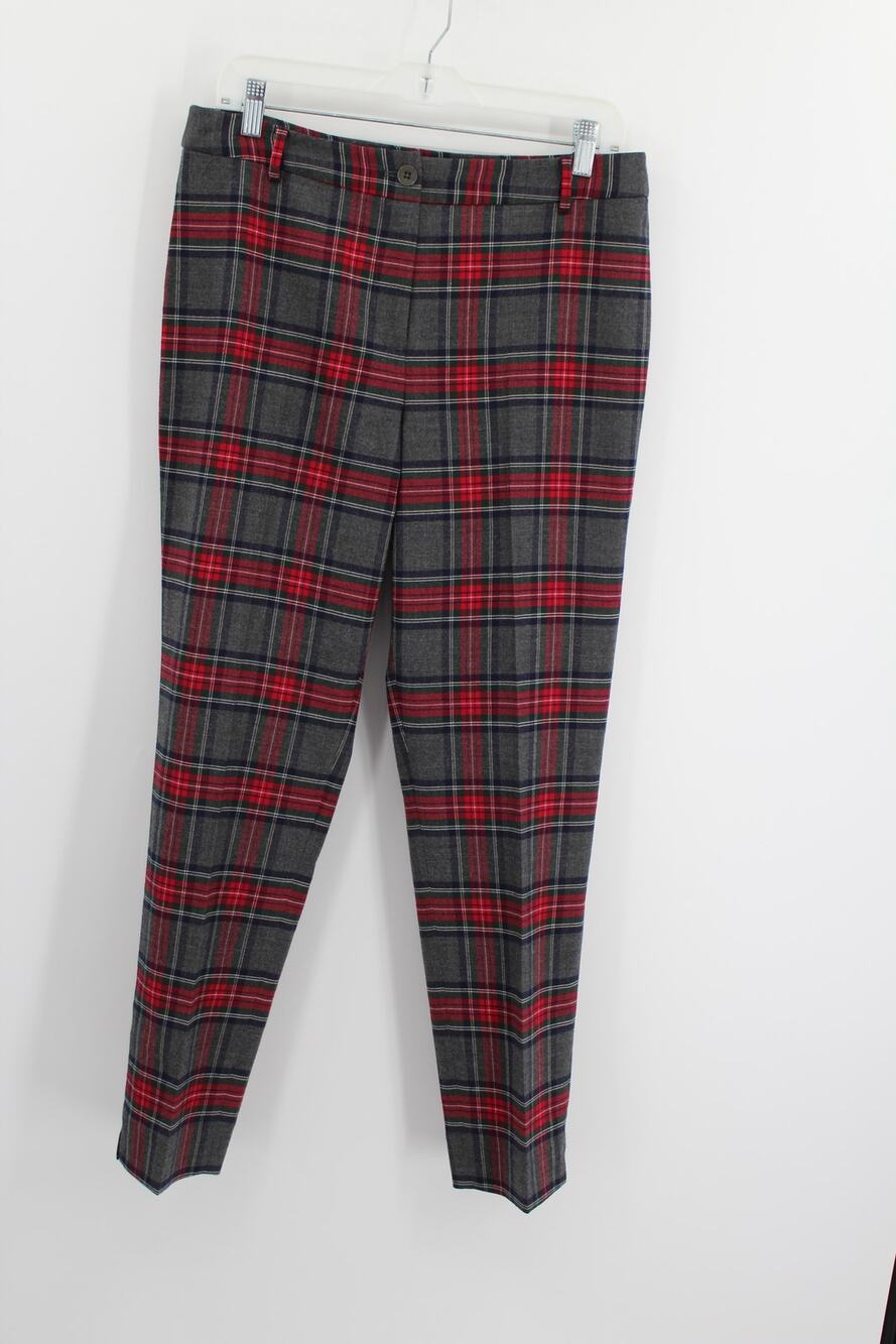 TALBOTS Gray, Red Bonfire Plaid Wool-Blnd Slim Ankle Pants Sz 8 Holiday